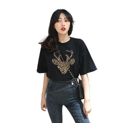 

Women T-Shirt Short Sleeve Leopard Deer Printing O-Neck Summer Fashion Tops