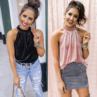 

Women´s Velvet Halter Sleeveless Shirt Ladies Casual Solid Color Loose Vest Tops