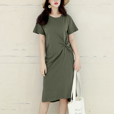 

Fashion Simple Casual Solid Color Womens Dress Slim Plus Size Short Sleeve Round Neck Split Dress