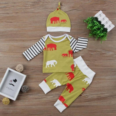 

Toddler Baby Kids Boys Girls Cute Elephant Stripe Splice T-shirt Tops Cotton Leggings Pants Hats Outfit Sets