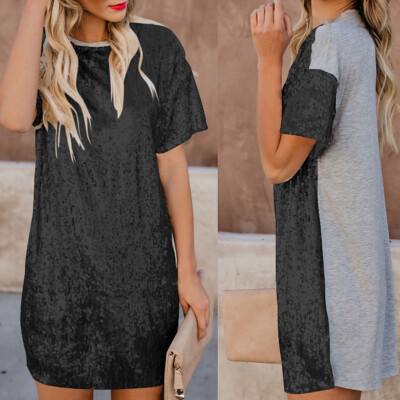 

〖Follure〗Women Fashion Round Neck Dress Sequin Short-Sleeve Solid Splice Mini Dress