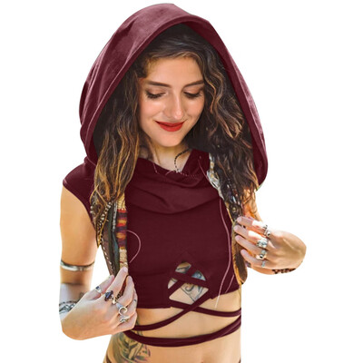 

New Arrival Women Halloween Bandage Hoodies Sexy Sleeveless Hollow Out Hooded Sweatshirt Slim Solid Color Hoodie For Ladies