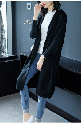 

Medium&long loose hooded knitted winter 2018 womens wear new woollen sweater Korean version of the pure color sweater coat