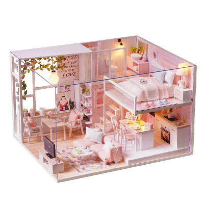 

DIY Miniature Loft Dollhouse Kit Realistic Mini 3D Pink Wooden House Room Toy with LED Lights Dust Cover Music Box