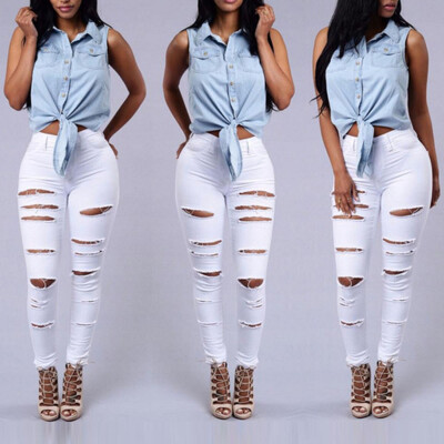 

Tailored Women Mid Waisted Skinny Hole Denim Jeans Stretch Slim Pants Calf Length Jeans