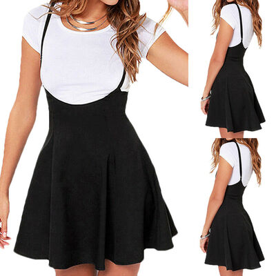 

Womens Suspender Mini Skirt Stretch High Waist Skater Flared Pleated Dress