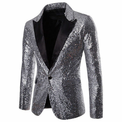 

Men V-neck One Button Blazer Suit Party Wedding Glitter Sequin Shiny Coat Jacket