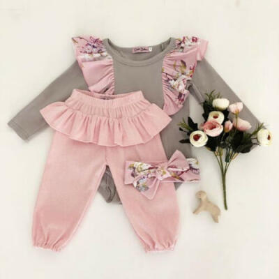 

US Newborn Baby Girl Ruffle Floral Top Romper Pants Leggings 3PCS Outfit Clothes