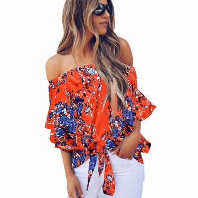 

One-neck T-shirt womens seven-point sleeve printed knotted top