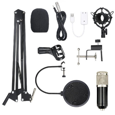 

BM800 Condenser Microphone Lit Pro Audio Studio Recording & Brocasting Adjustable Mic Suspension Scissor Arm Pop Filter