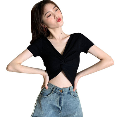 

Women V Neck Solid Slim Knitted Crop Top Pullover Crisscross Shirt