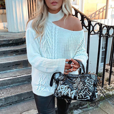 

Tailored Women Solid Color Hang Strapless Irregular Long Sleeve Knitted Casual Sweaters