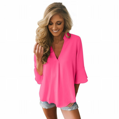 

Solid color V-neck long-sleeved loose business dress fashion shirt tops women