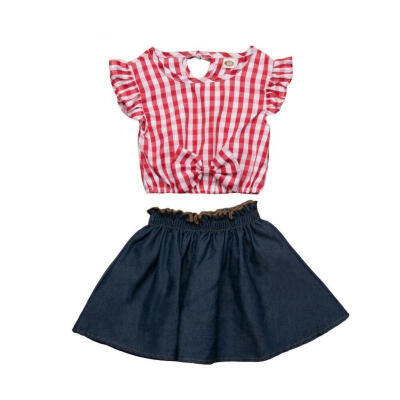 

2Pcs Toddler Baby Girls Tops Plaid Shirt Denim Skirts Dress Outfits Set Clothes