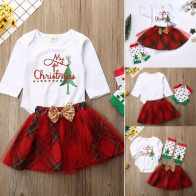 

US Newborn Infant Baby Girl Floral Outfits XMAS Romper TopSkirt Stocking Sets