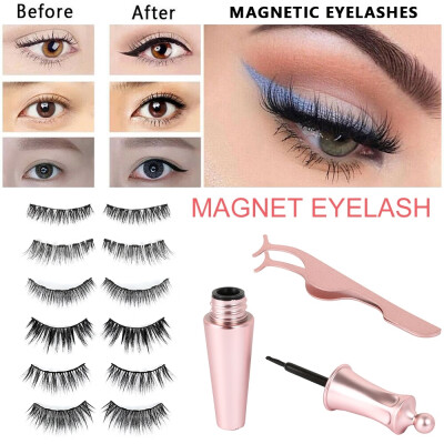 

3 Pairsset 5 Magnet Magnetic False Eyelashes & Magnetic Liquid Eyeliner & Tweezer Set Waterproof Long Lasting Eyelash Extension