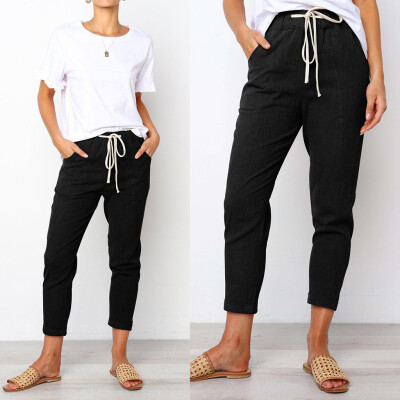 

Tailored Women Casual Solid Pockets Pants Waistband Bandage Mid-Waist Pencil Trousers