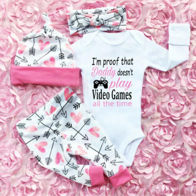 

4PCS Newborn Infant Baby Girls Outfit Clothes Romper Bodysuit JumpsuitPants Set