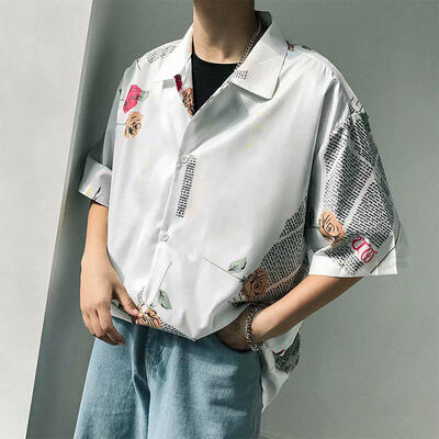 

Loose Rose Print Shirts Turn-Down Collar Shirt Summer Casual Short Sleeve Top For Men