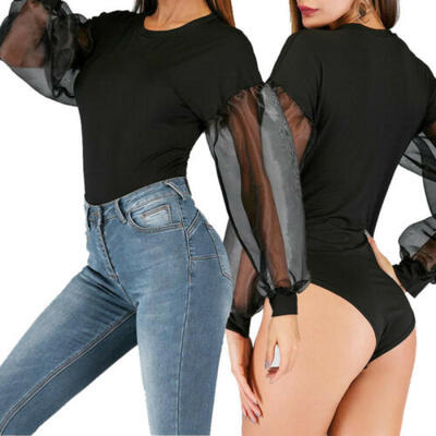 

Women Mesh Jumpsuit Bodycon Shirt Romper Body Top Blouse Bodysuit Puff Sleeve
