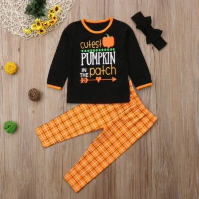 

Halloween Kids Baby Girls Plaid Top Long Pants Headband 3Pcs Outfits Clothes