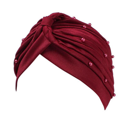 

Women Turban Hat Faux Pearl Pleated Muslim Hijab Stretch Cap Chemo Head Scarf