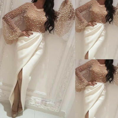 

Womens Lady Beaded Patchwork Slit Long Puff Sleeve Ruffled Party Cocktail Dress