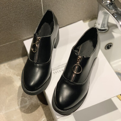 

Small leather shoes womens autumn Korean style high-heeled shoes front zipper England style retro single-style shoes