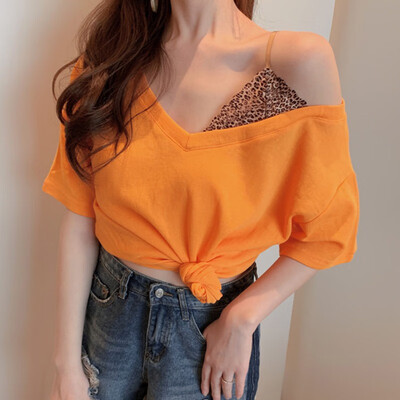 

Summer Patchwork Crop Leopard Off Shoulder Single Shoulder Solid Color Short Sleeve Top tshirt t shirt women