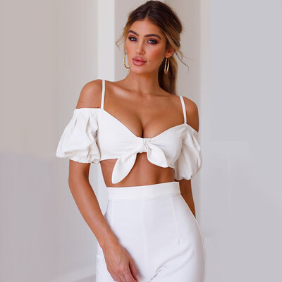 

PREISEI Summer Women White Sexy Bandage Open Back Chiffon Camisole V-Neck Short Sleeve Halter Tank Top Camis Mujer CL009