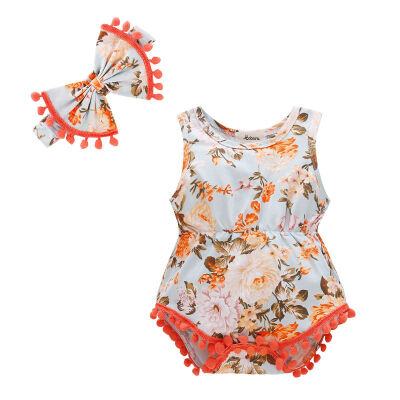 

Hot Summer Baby Girl Triangle Romper Baby Floral Romper Sleeveless Ball Jumpsuit Hair Band Infant Clothes