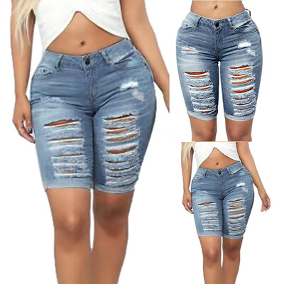 

Tailored Women Ladies Mid Waist Hole Jeans Skinny Bandage Hot Pants Shorts Denim