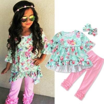 

Toddler Girls Kids Floral Tops Pants Headband 3Pcs Outfits Set Clothes