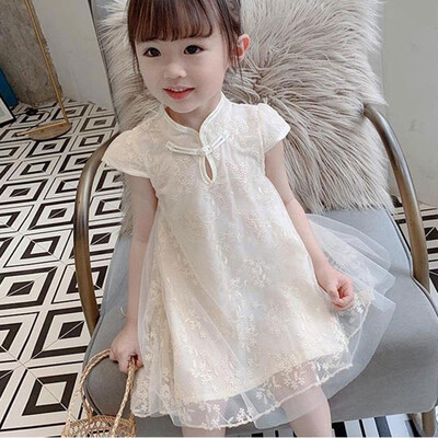 

hilittlekids Summer Casual Fashion Baby Girl Short Sleeve Solid Color Cheongsam Princess Dress Kids Clothing