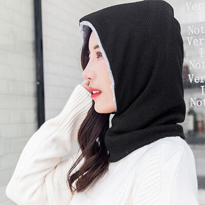 

Winter Outdoor Sports Men Women Hood Snood Fleece Lined Solid Color Unisex Dual-Use Mask Hooded Scarf Neck Warmer Cap