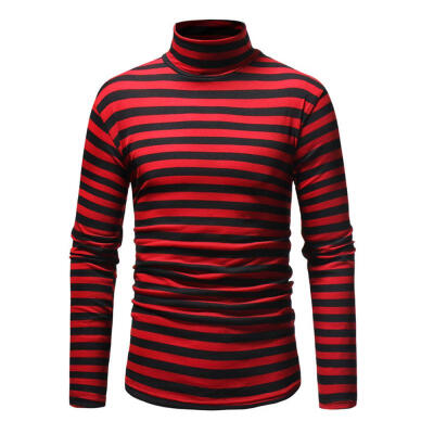 

Autumn Winter Stand Collar Striped Long-Sleeve Mens T-Shirt Casual Male Base Shirt Top Tee