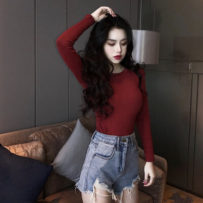 

Korean Harajuku Long-sleeved Bottoming Shirt Women Solid Color Slim Bottoming Women Shirts