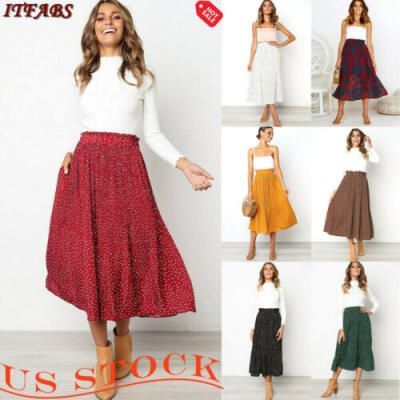 

Women Floral Jersey Gypsy Long Maxi Full Skirt Summer Beach Sun Dress Midi Skirt