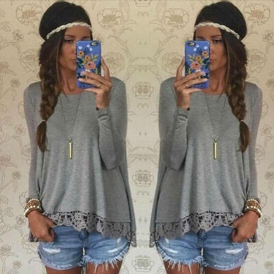 

2016 Women Long Sleeve Shirts Casual Fashion Lace Blouses Loose Cotton Tops