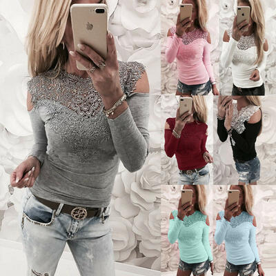 

New Women Sexy Solid Lace Cold Shoulder Long Sleeve Slim Blouse Top T-Shirts