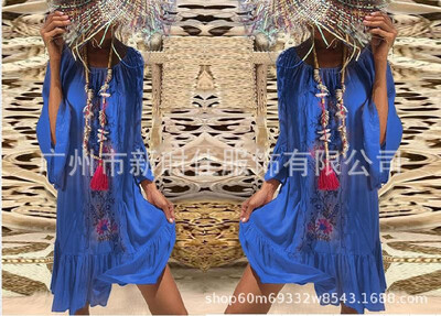

2019eBay AliExpress Amazon exquisite printing Europe&the United States sexy word collar strapless womens dress blue 2XL