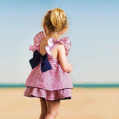 

Cute Summer Baby Girls Kid Striped Flutter-Sleeve Casual Dresses Bowknot Clothes