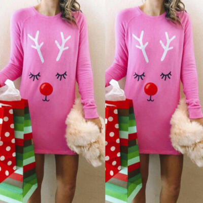 

Women Christmas Jumper Dress Santa Snowman Long Sleeves Ladies Party Mini Dress