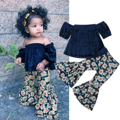 

Kids Baby Girl Off Shoulder Velvet Top Flower Bell-Bottom Pants Outfit Clothes