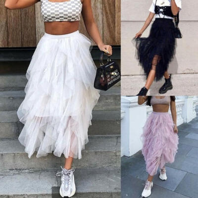 

2019 Women Summer High Waist Tulle Skirt Ladies Layers Pleated Beach Skirt Dress