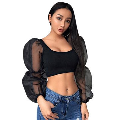 

Women Sexy Short Mesh Stitching Solid Color Long Sleeved Vest Summer Casual Umbilical Tops