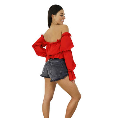 

Women Off Shoulder Crop Tops Candy Color Summer Lantern Sleeve Sexy One Word Collar Beach Blouse