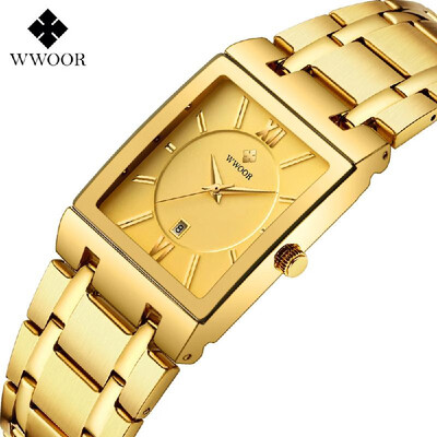 

WWOOR Men Fashion Rectangular Dial Analog Quartz Watch Business Waterproof Calendar Stainless Steel Band Wrist Watch