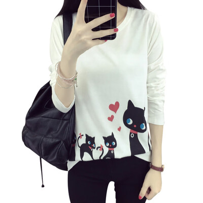 

Autumn Casual Women T Shirt Harajuku Kawaii Cute Style Cats Print T-shirt Women Round Neck Long Sleeve Basic Tops