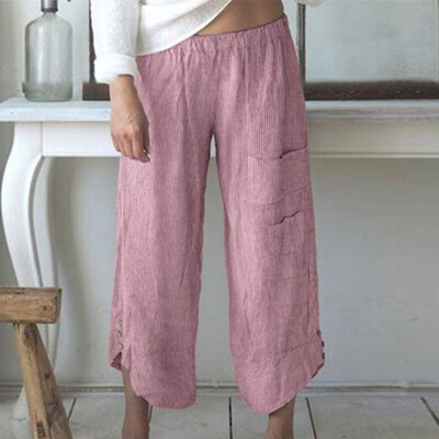 

Women Loose Striped Casual Pants Elasticated Waist Wide Leg Straight Trousers